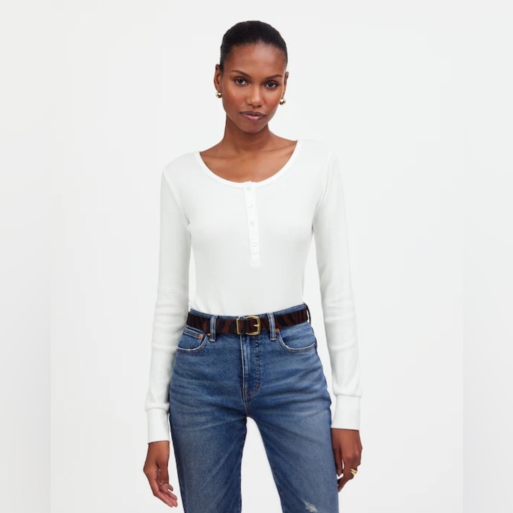 Madewell White Waffle-Knit Scoopneck Henley Tee S and M
